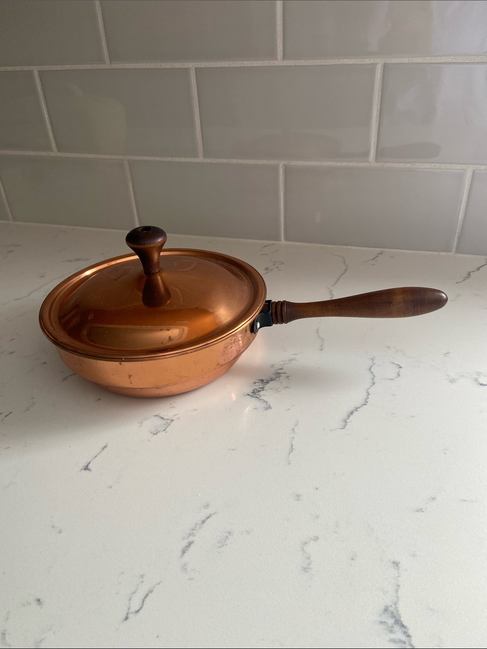 Vintage Copper Aluminum Lidded Skillet Wood Handle 7"